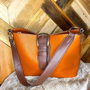 Orange + Brown Leather Bucket Bag w/ Buckle